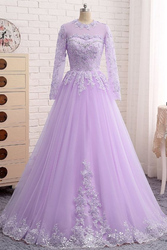 Lavender Tulle Long Sleeve Beaded Formal Prom Dress With Lace Applique M7342