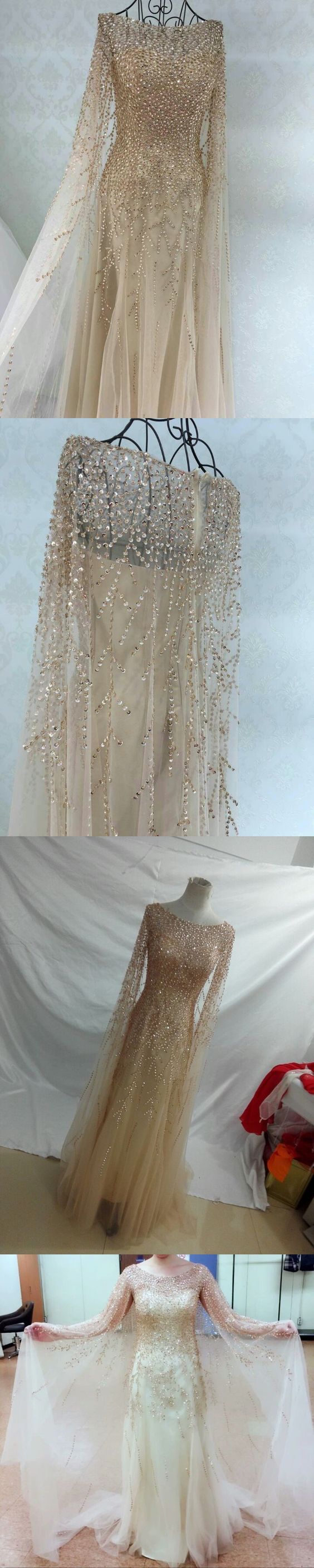 Long Sleeve Prom Dresses A Line Sweep Train Long Beading Sparkly Prom Dress M7347