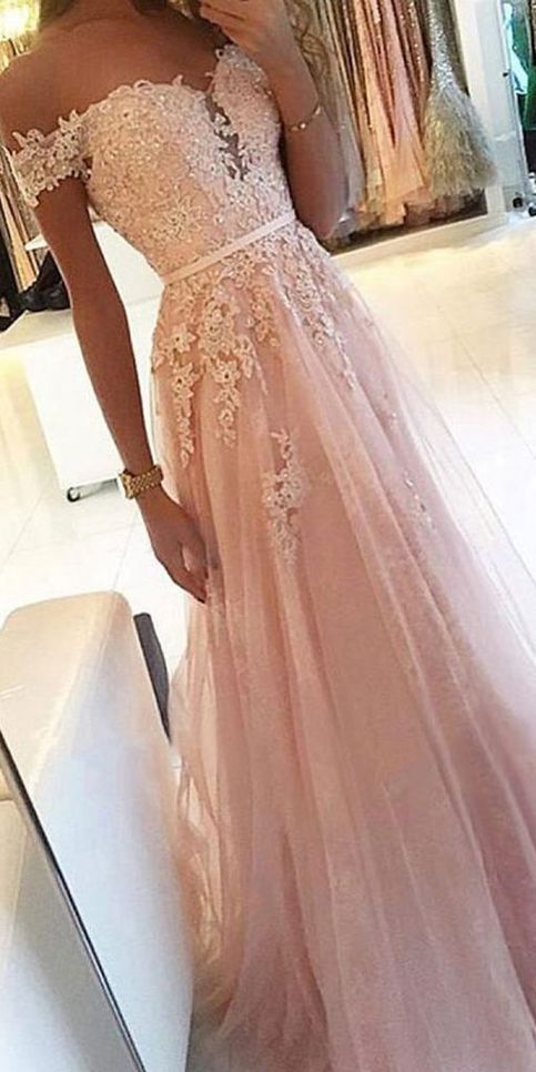 Pink Prom Dress A Line Party Dress Appliques Prom Dress With Off Shoulder Evening Dress M7364