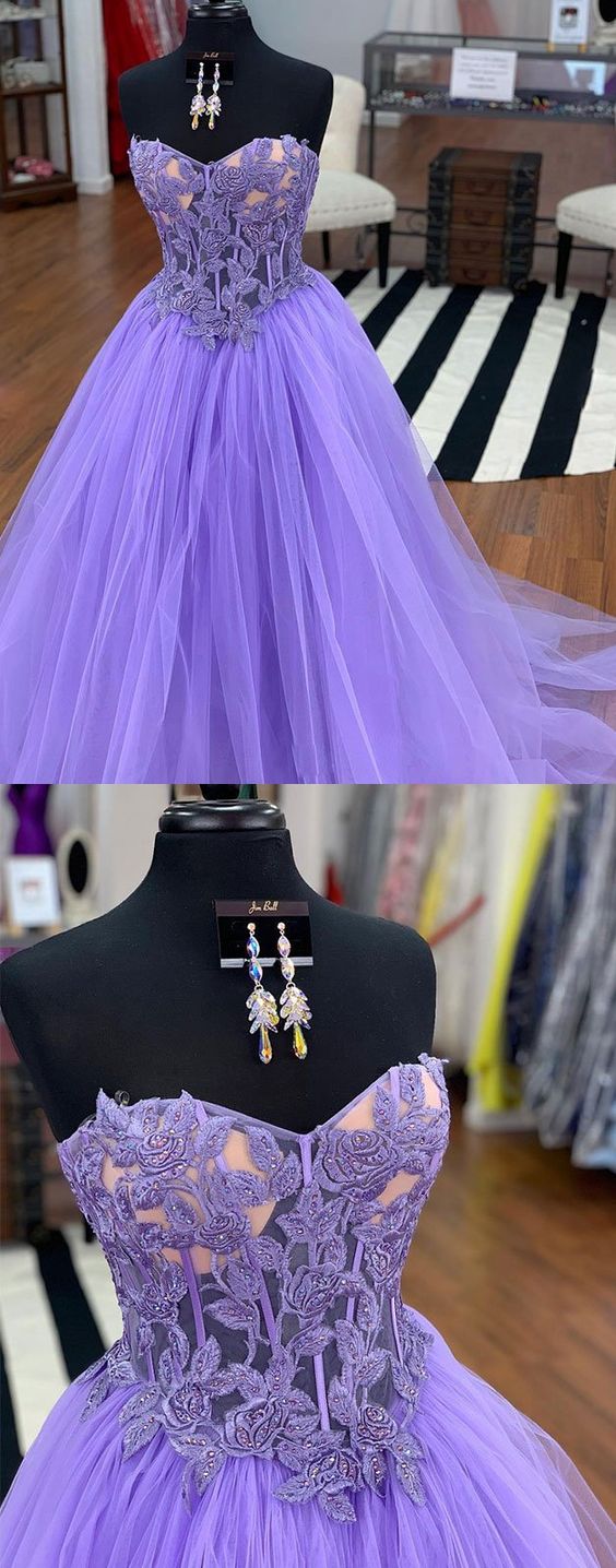 Purple Tulle Lace Long Prom Dress, Purple Evening Dress M7376
