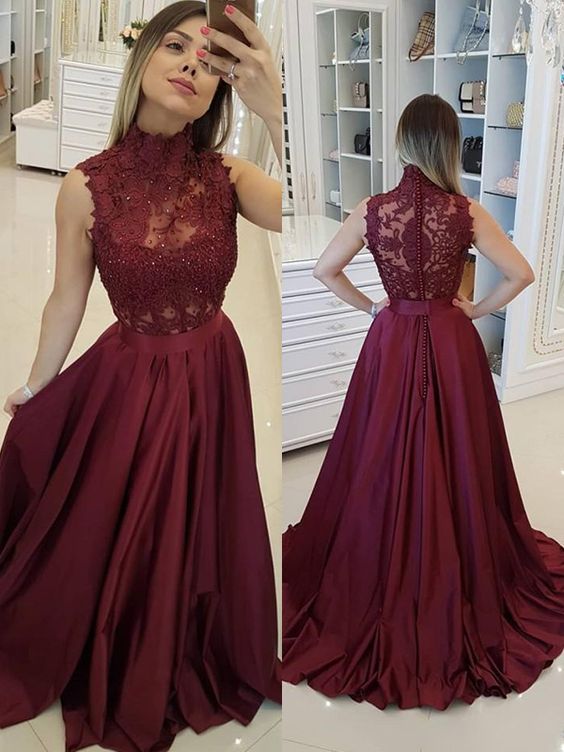 Formal Burgundy Lace Evening Dresses, Modest High Neck Long Prom Dresses, Fashion A Line Prom Dresses With Beading M7394