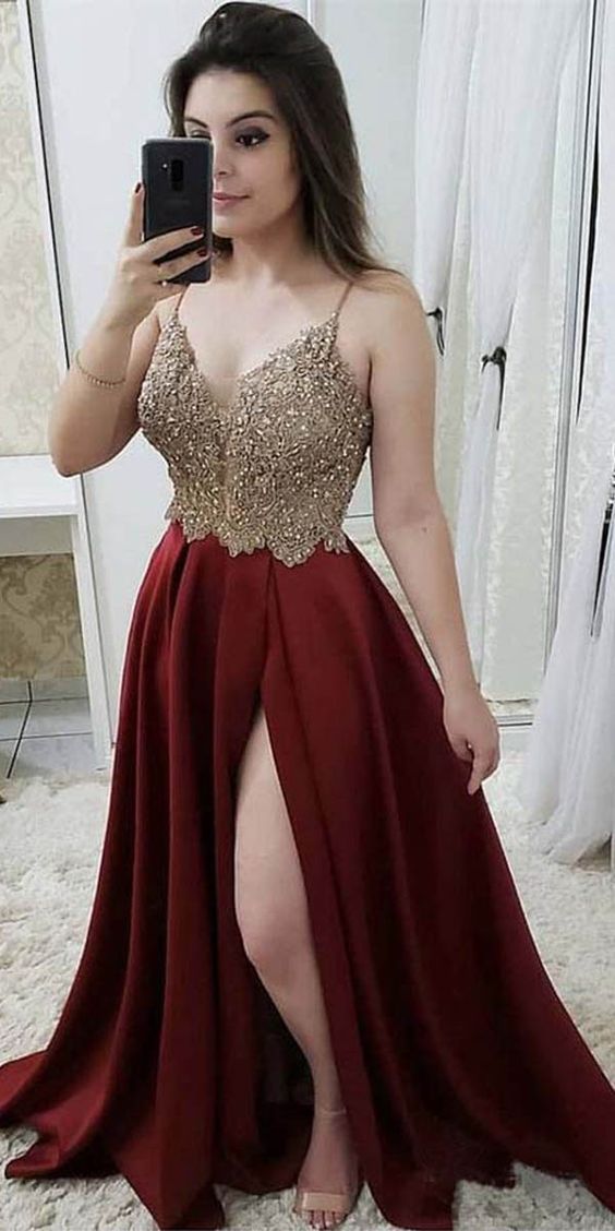Strap A Line Maroon Long Beaded Prom Dresses With Split And Gold Lace M7396
