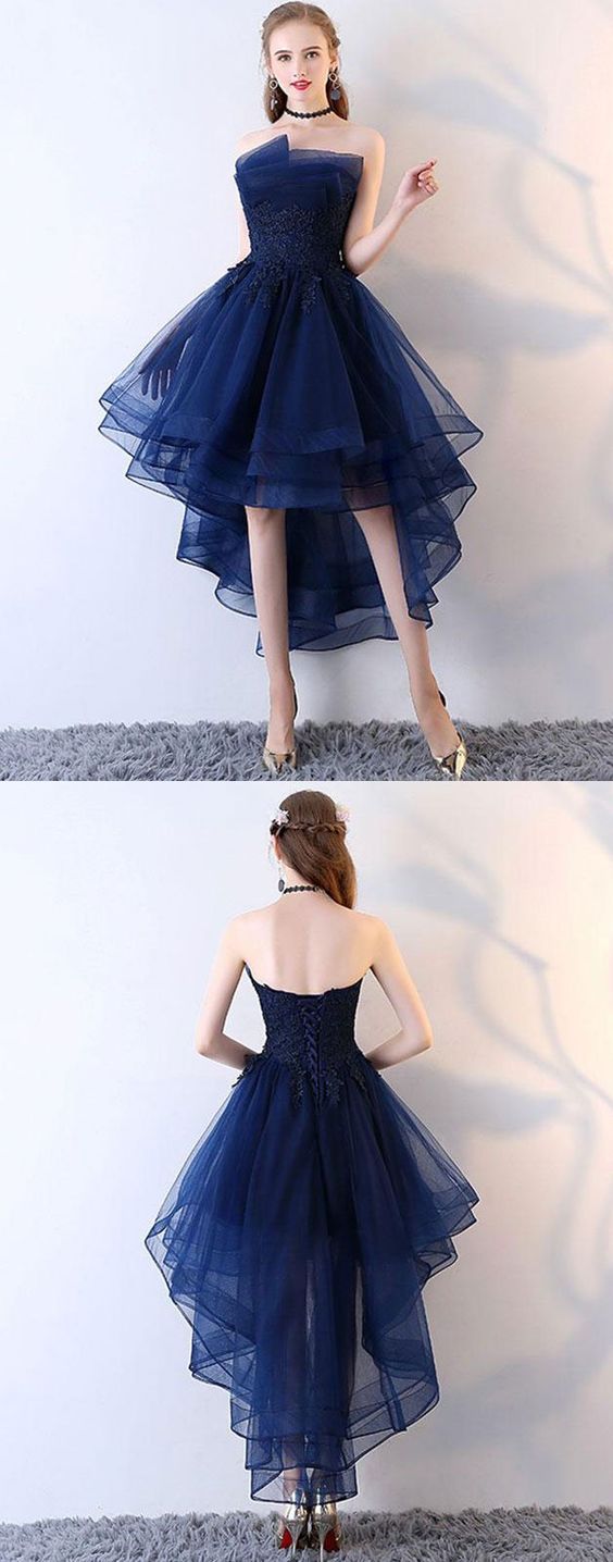 Dark Blue Tulle Lace Short Prom Dress, Blue Lace Homecoming Dress M7407