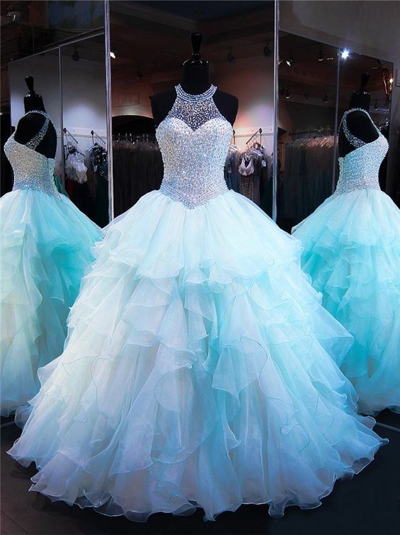Ball Gown Halter Light Aqua Organza Ruffle Beaded Quinceanera Prom Dress M7439