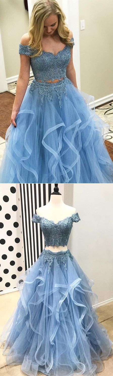 Two Piece Prom Dresses Long 2019, Blue Prom Dresses With Cap Sleeves, A Line Prom Dresses Tulle, Lace Prom Dresses Off The Shoulder M7468
