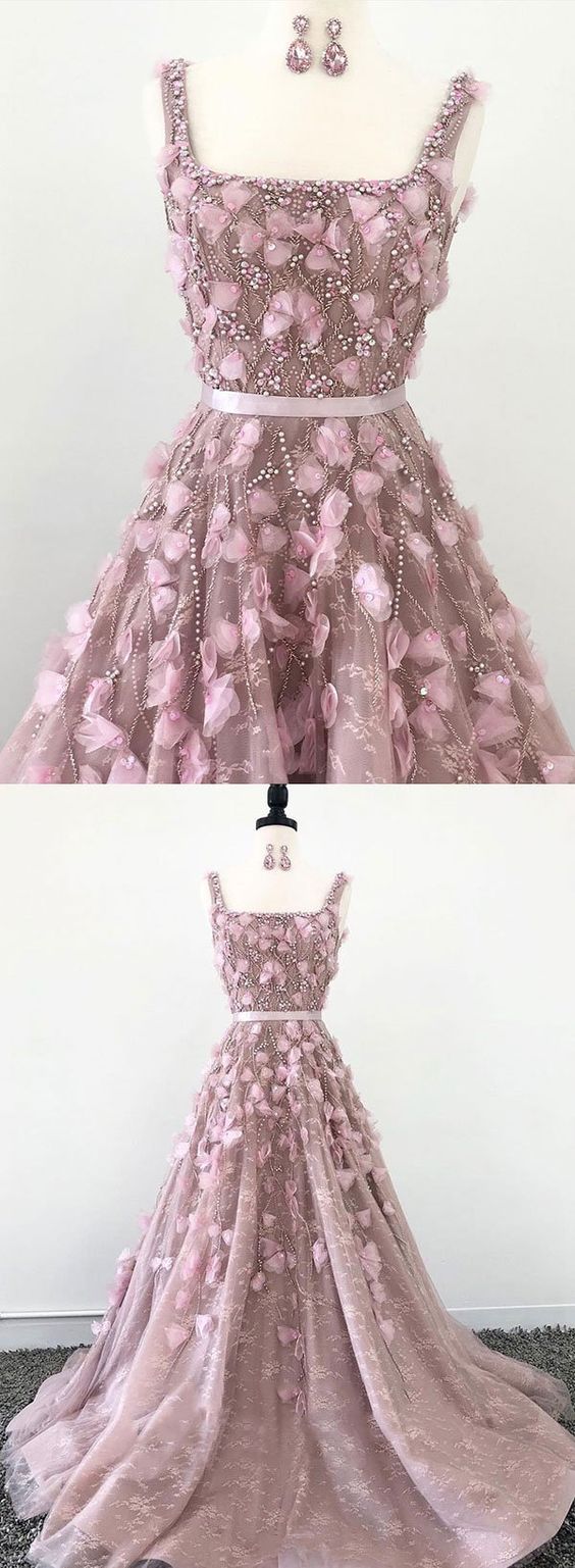 Pink Lace Appliqué Long Prom Dress, Evening Dress M7481