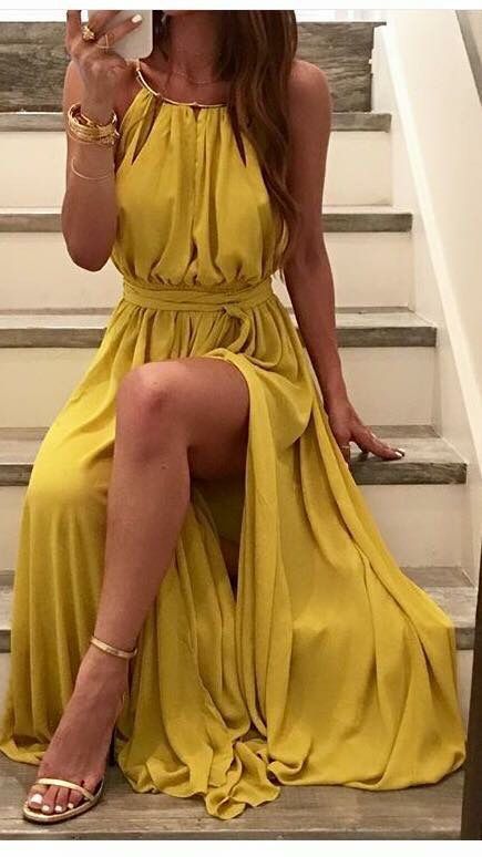 Yellow, Simple ,spaghetti-straps,high Slit,sexy,halter, Prom Dress Evening Dress M7490