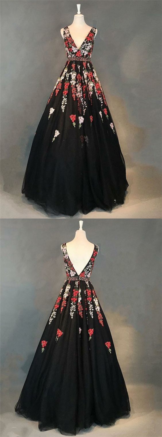 A-line Deep V-neck Floor-length Backless Black Satin Prom Dress With Appliques M7492