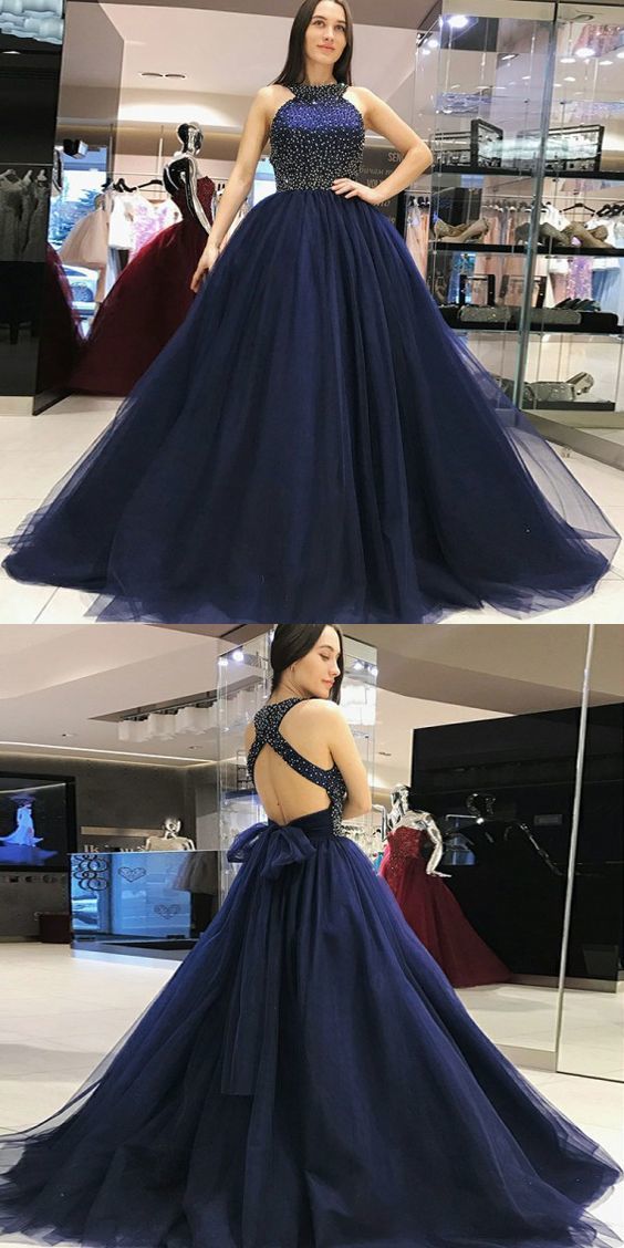 A-line Round Neck Floor-length Open Back Navy Blue Tulle Prom Dress With Beading M7502