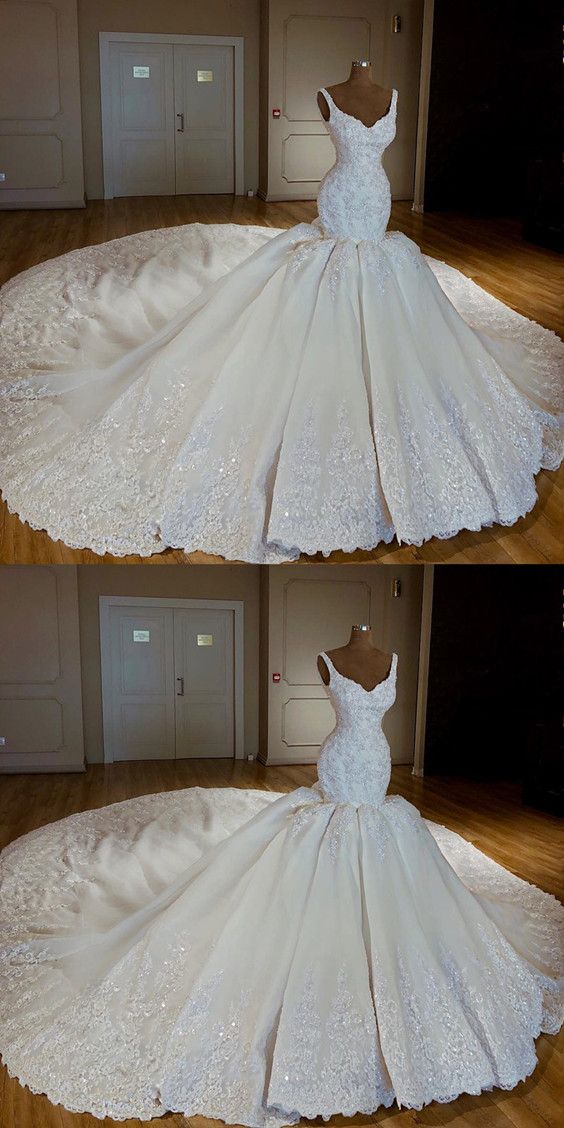Vintage V-neck Royal Train Satin Mermaid Wedding Dresses Lace Embroidery M7577