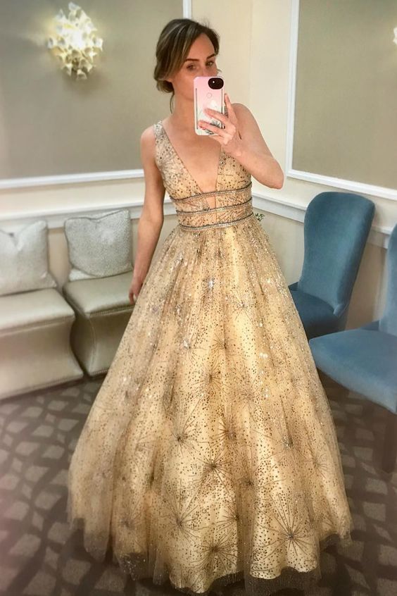 Sparkly Gorgeous A-line Beading Gold Long Prom Dress M7605