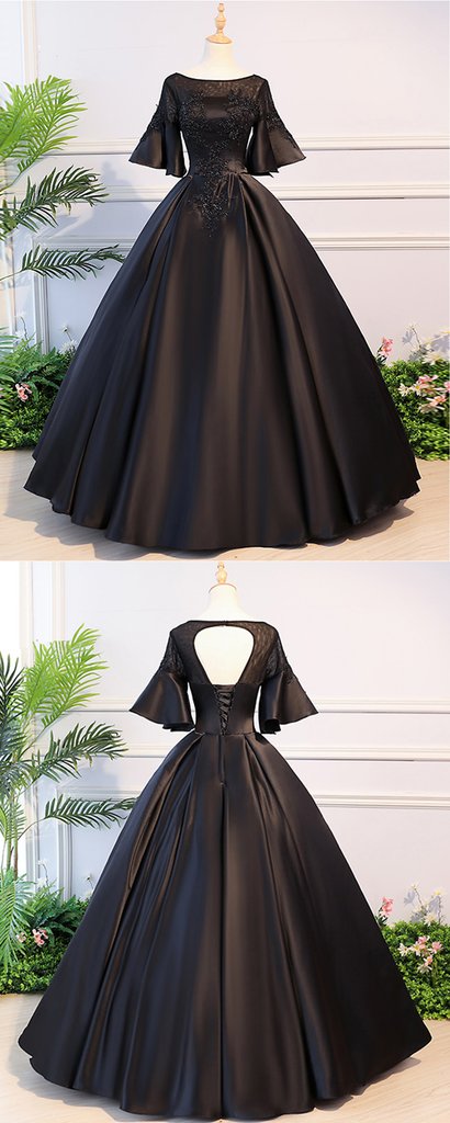 Black Satin Open Back Mid Sleeve Long Applique Evening Dress, Prom Dress M7615