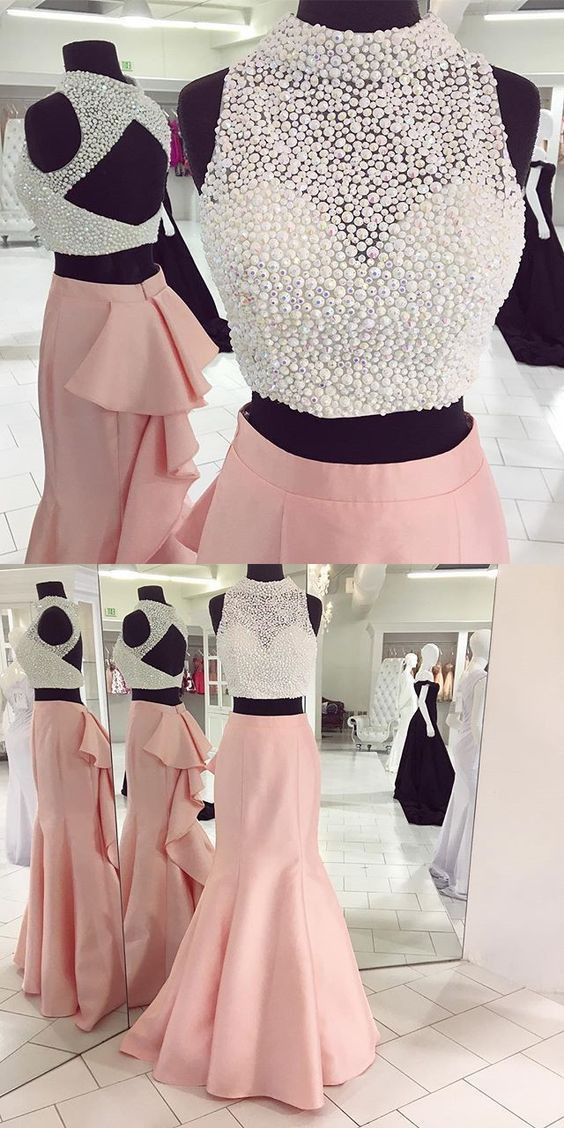 Pink Mermaid Prom Dress, Beaded Prom Dress, Semi Formal Prom Dress, Charming Prom Dresses M7657