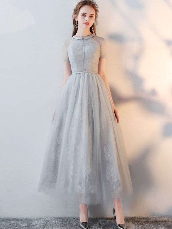 Gray Lace Turn-down Collar Short Sleeves Tulle A-line Dresses M7661
