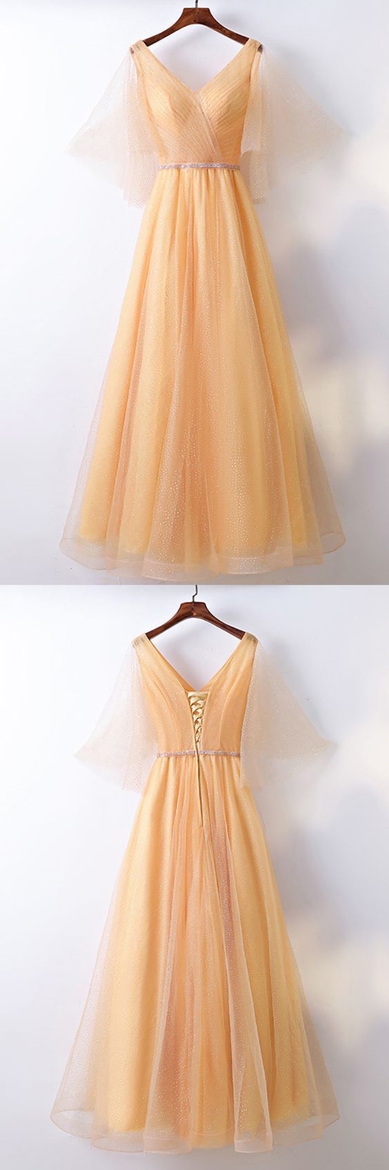 Classy Yellow Long Tulle Formal Party Dress V-neck With Bling M7671