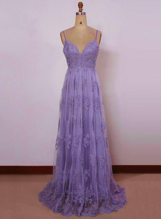 Beautiful Light Purple Straps With Lace Elegant Party Dress, Tulle Evening Gowns 2019 M7674