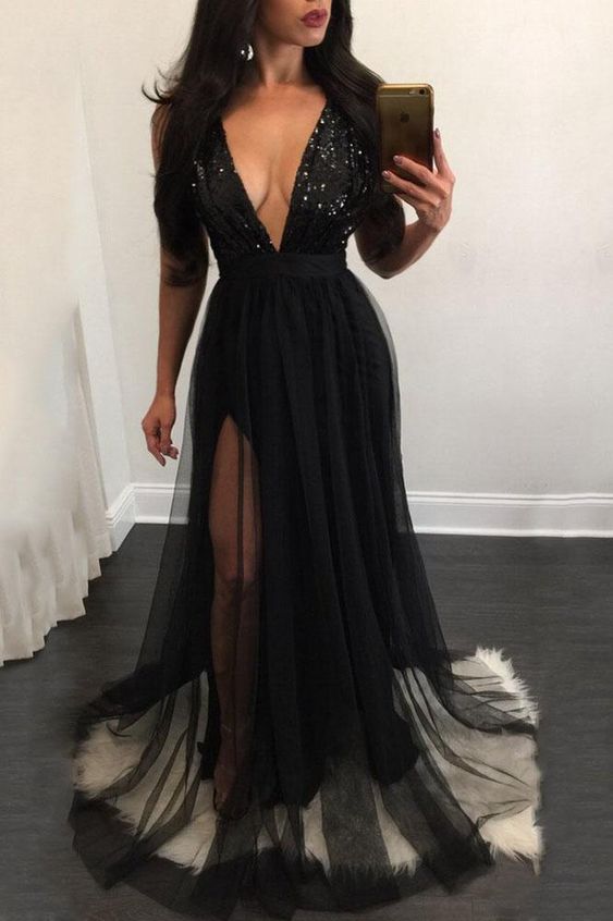 Elegant A Line Sequins Black Tulle V Neck Mesh Patchwork Pleated Maxi Prom Dresses M7681
