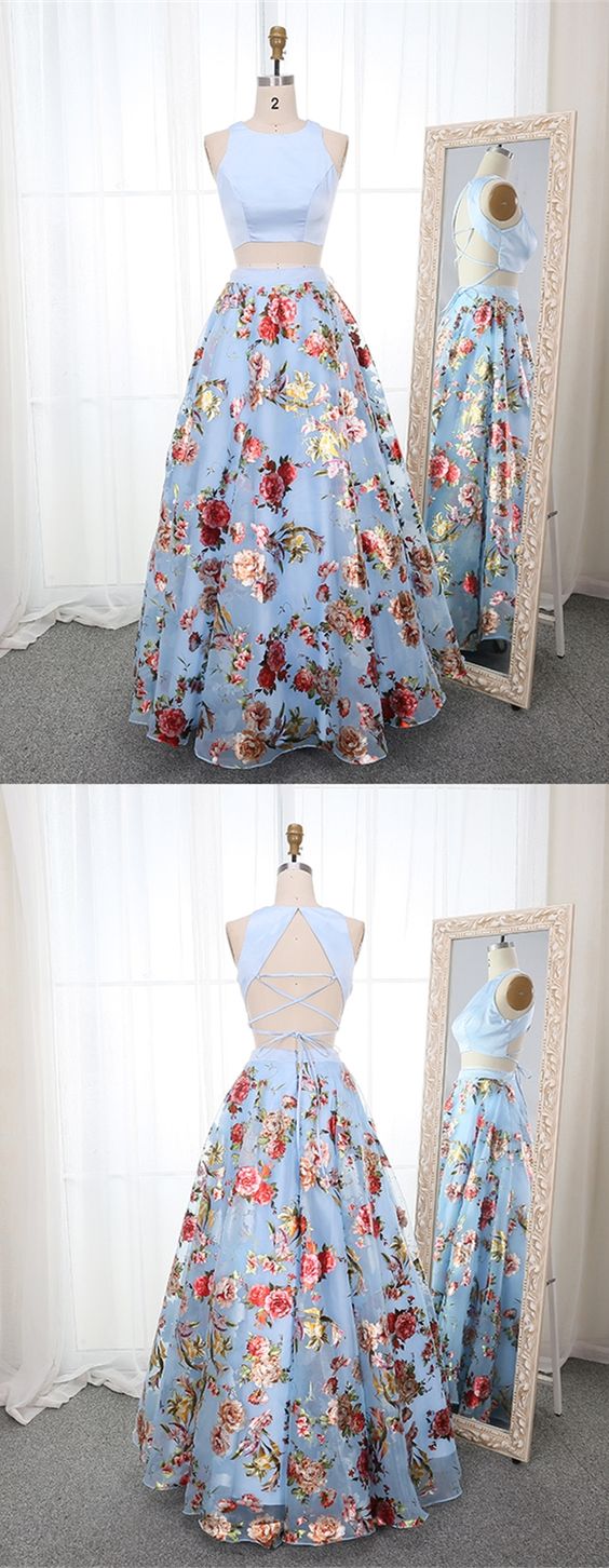 Two Piece Round Neck Blue Floral Organza Prom Dress M7712