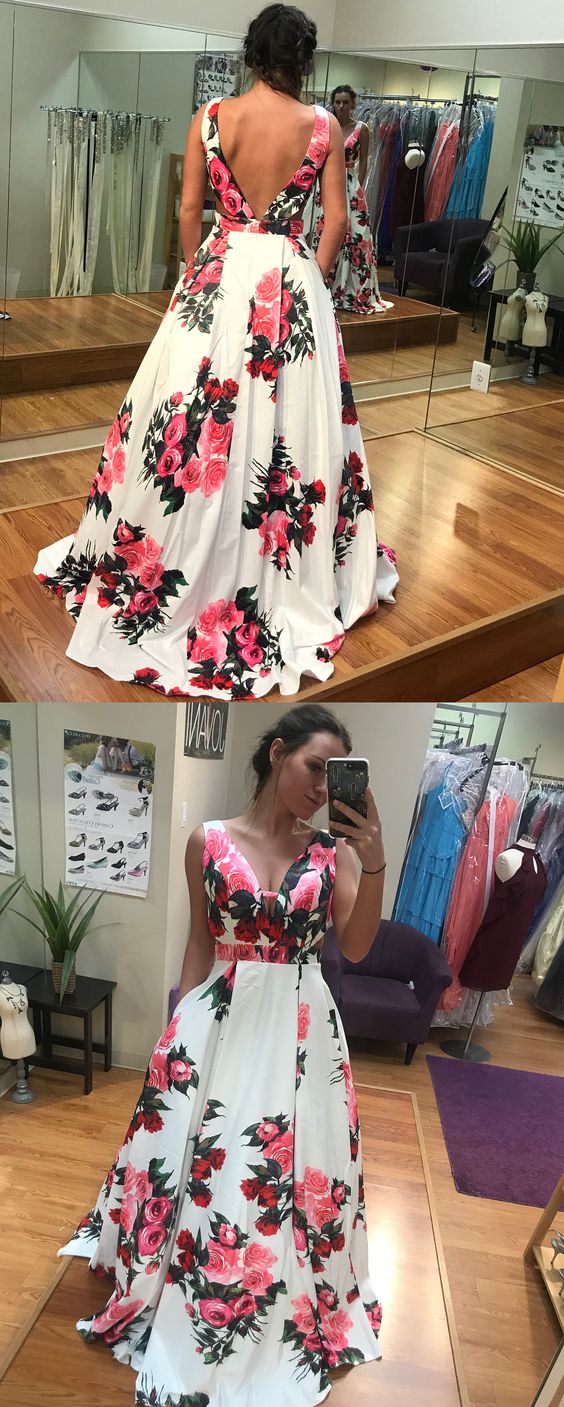 2019 V-back Floral Print Prom Party Dresses With Pockets, Gala Dresses M7713