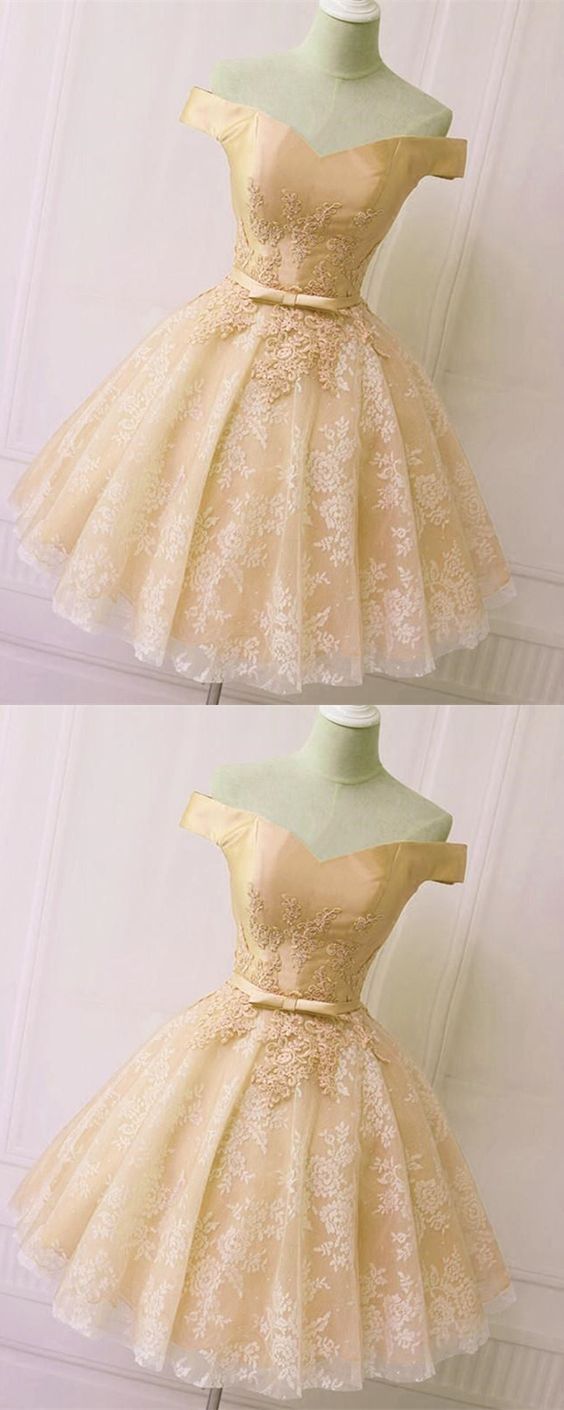 Short Champagne Lace Homecoming Dresses Off The Shoulder M7718