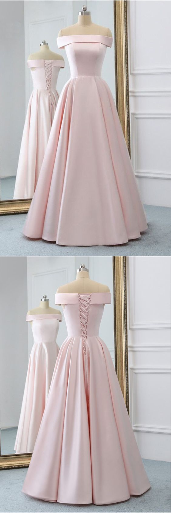 Pink Satin Long Evening Dress With Pockets, Pink Prom Gowns M7722