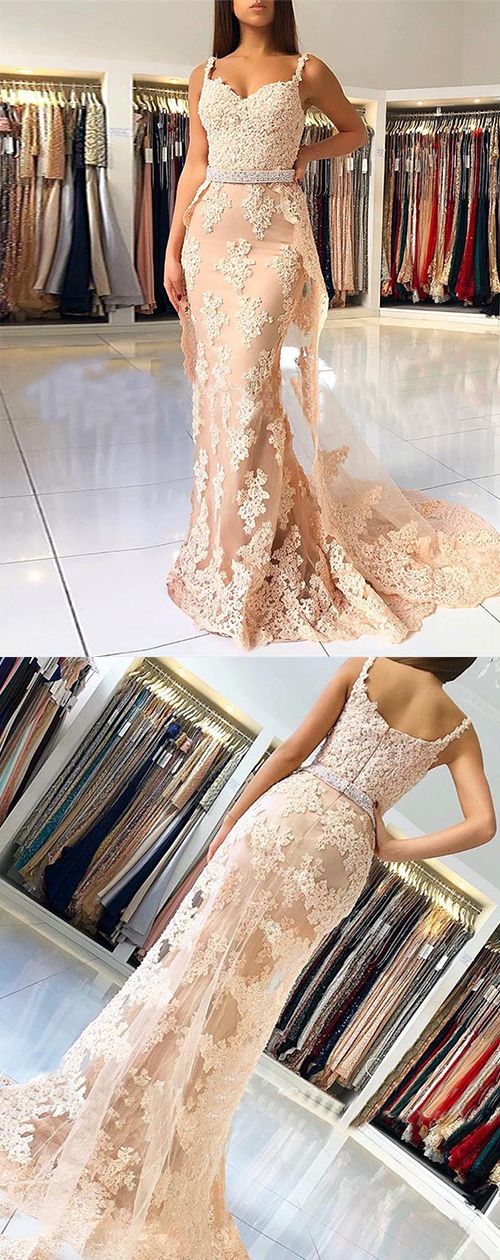 Pink Detachable Train Spaghetti Straps Beaded Long Prom Dress With Lace M7730