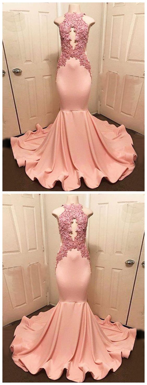 Trumpet/mermaid Prom Dress High Neck Pink Satin Applique Blush Prom Dresses Long Evening Dress M7731