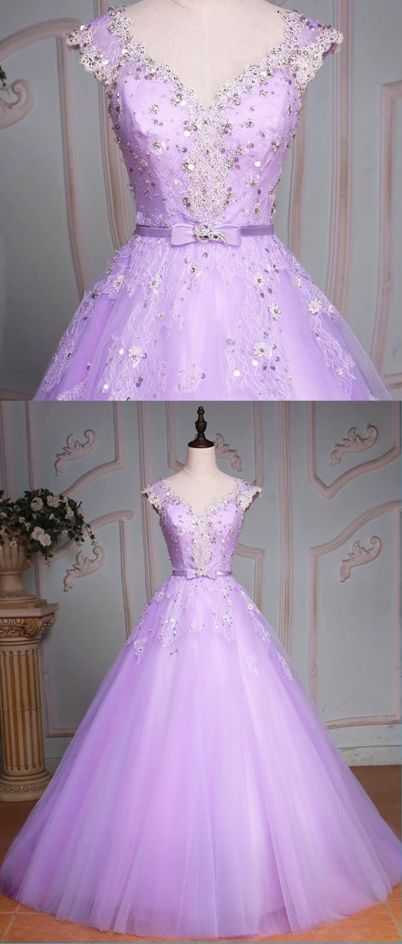 Lavender Tulle Cap Sleeve Beaded Long Evening Dress, Senior Lace Prom Dress M7761