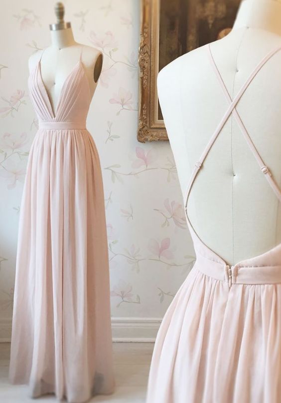 Princess A-line Pink Chiffon Long Prom Dress Is Made Of Chiffon Fabric, Floor To Length Long And Criss Cross Back M7766
