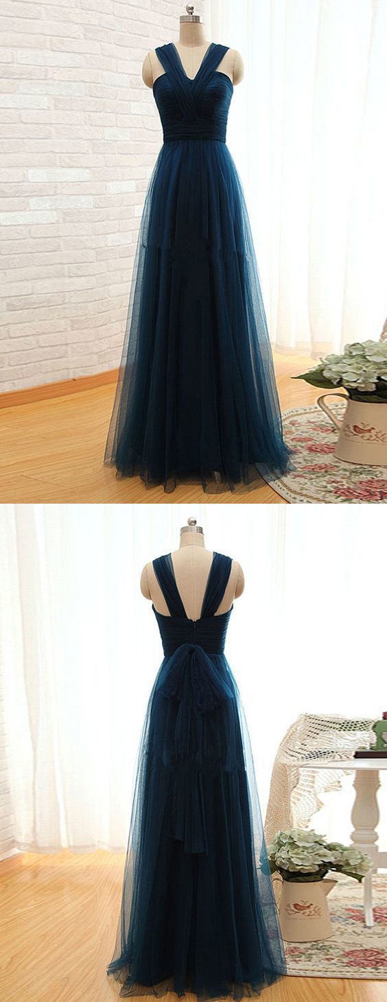 Simple A Line Straps Pleated Long Women Dark Green Tulle Prom/bridesmaid Dresses M7769