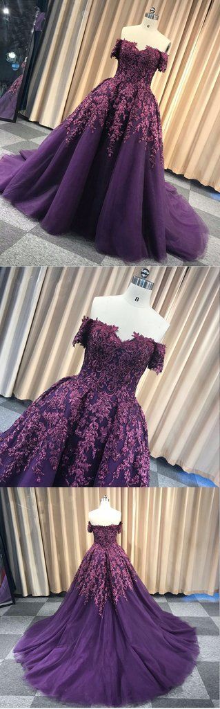Purple Tulle Off Shoulder Strapless Sweep Train Long Winter Formal Prom Dress M7774