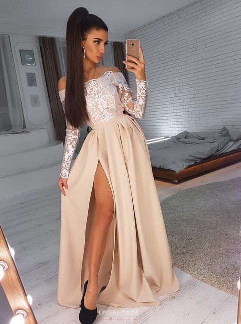 Champagne Party Dress Long Sleeve Evening Dress Off Shoulder Prom Dress Lace Applique Formal Dress M7805
