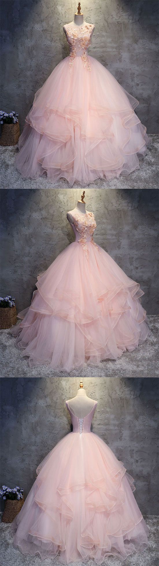 Pink Round Neck Tulle Lace Applique Long Prom Dress, Pink Evening Dress M7844