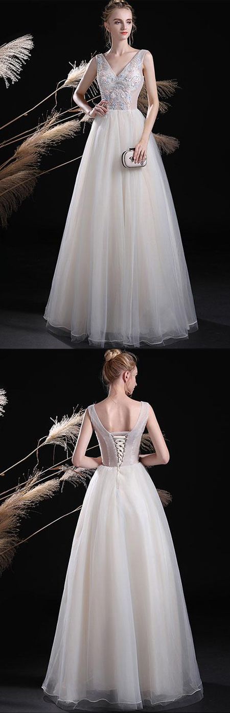 A-line V-neck White Tulle Long Prom/evening Dress M7846