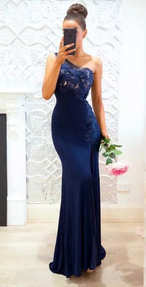 Navy Blue One Shoulder Bridesmaid Dresses Lace Appliques Mermaid Maid Of Honor Dress Sexy Side Slit Prom Dresses M7854