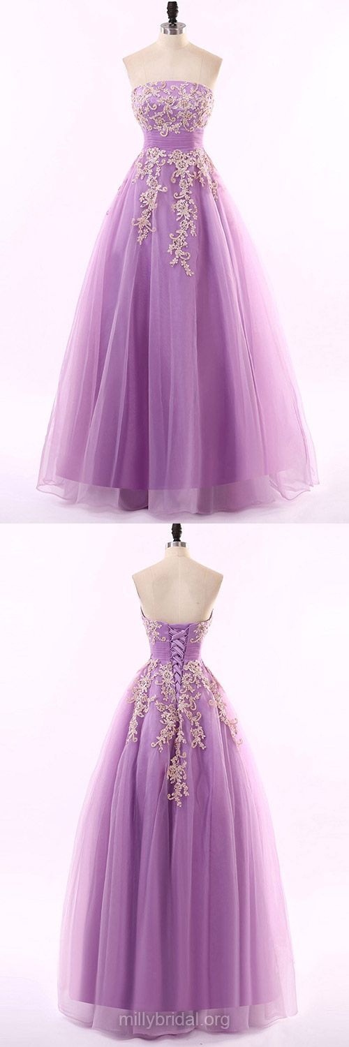 Strapless Party Dresses, Tulle Appliques Lace Evening Dresses, Long Prom Dresses M7861