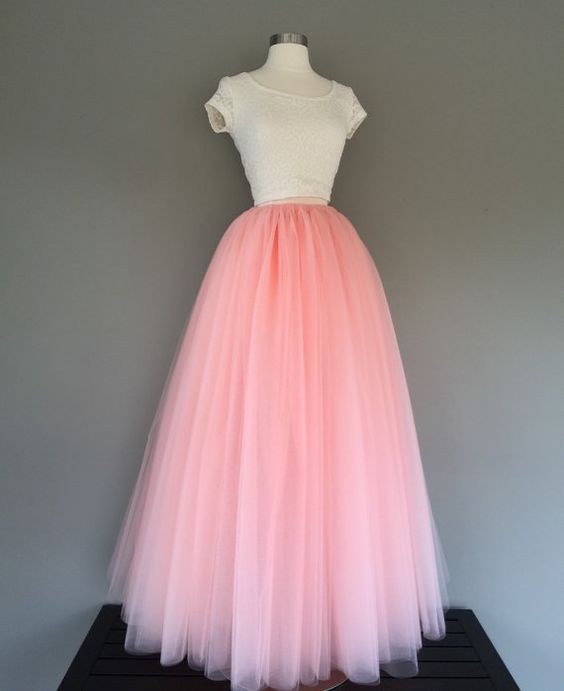 Floor Length Tulle Skirt , Pink Two Piece Prom Dress M7862
