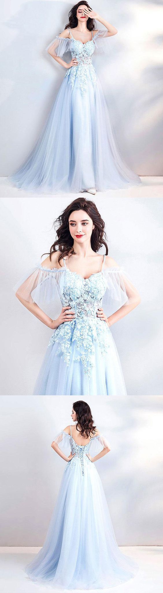 Light Blue Lace Tulle Long Prom Dress, Evening Dress M7882