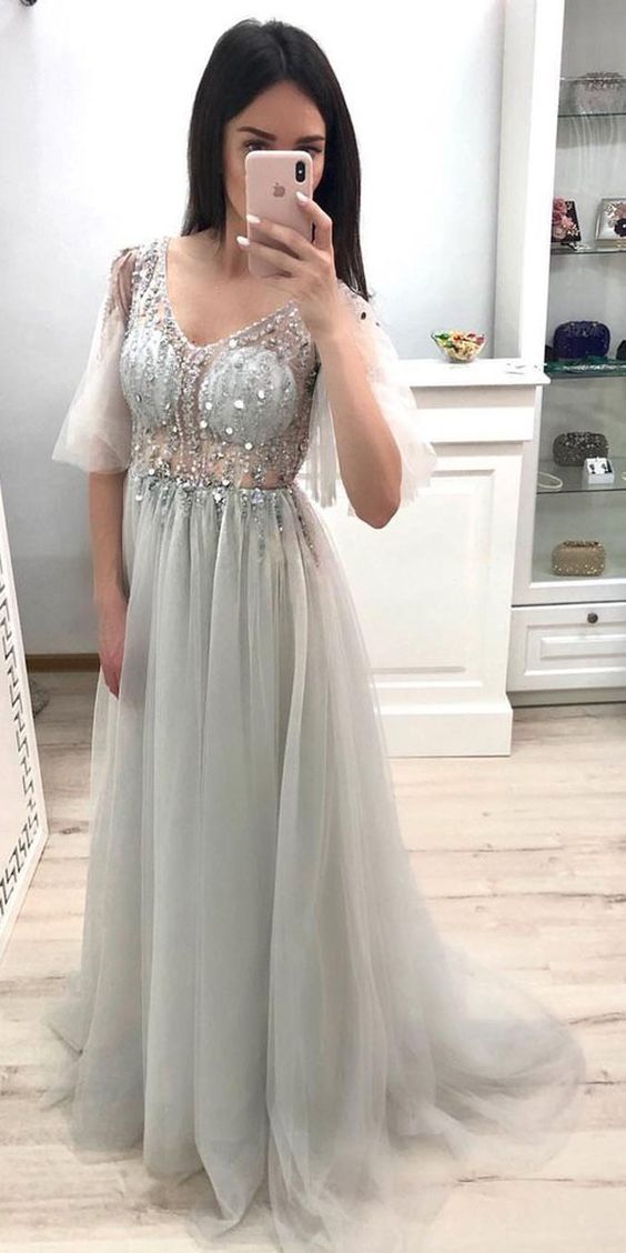 A Line V Neck Short Sleeves Grey Prom Dresses Long Tulle Prom Gown M7900