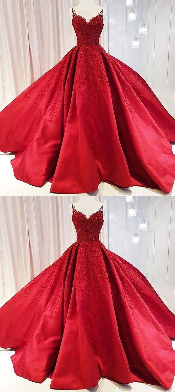 Ball Gown Red Prom Dress With Beads Floor-Length Satin Quinceanera Dress Sweet 16 Dresses for Girls M7907