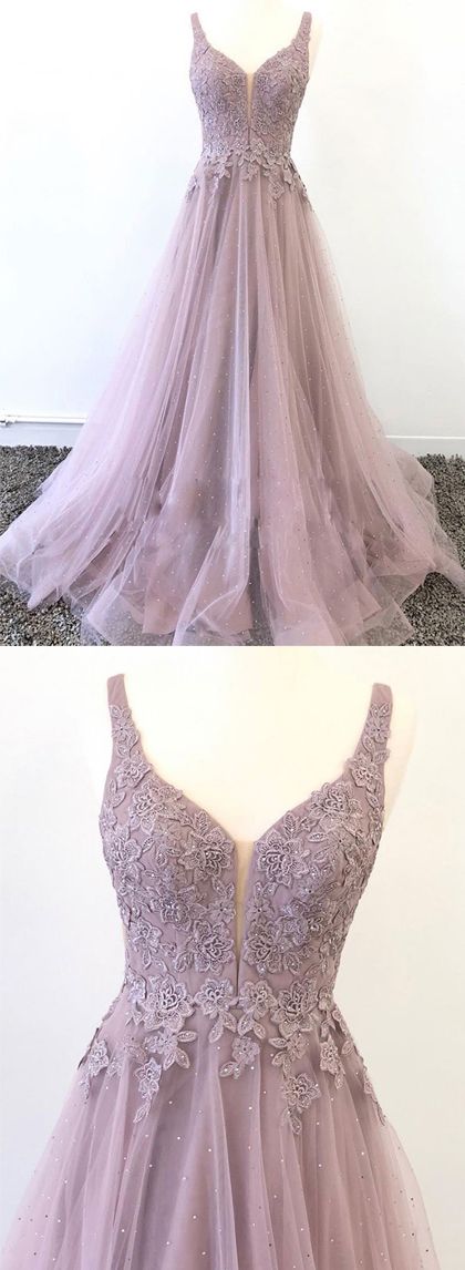 Beautiful Purple Prom Dresses Deep V Neck With Appliques Beading M7925