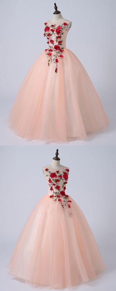 2019 Pink Tulle Round Neck Embroidery Quinceanera Dress, Long Formal Evening Dress, M7927