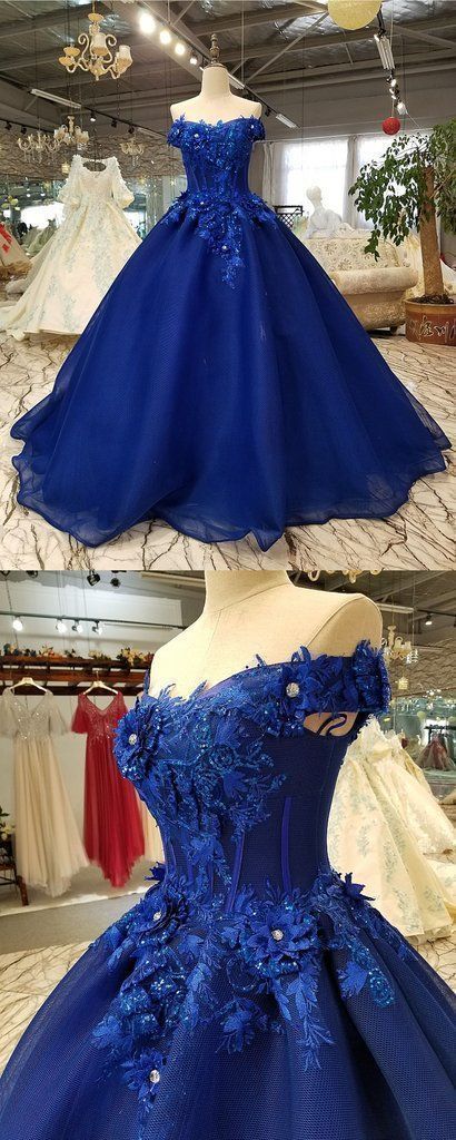 Royal Blue Tulle Off Shoulder Long Lace Applique Senior Prom Dress With Sleeve M7935