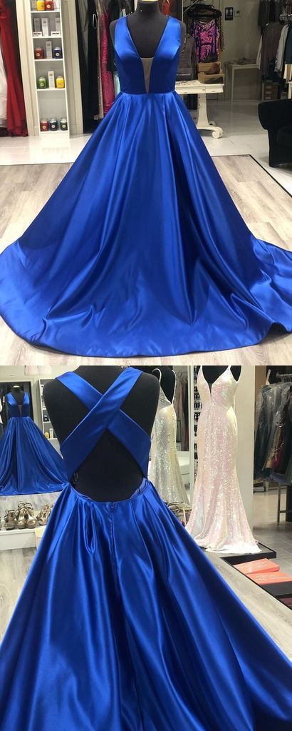 Simple Royal Blue Long Prom Dress With Cross Back, 2019 Prom Dress, Satin Prom Dress, Graduation Dress Party Dress M7944
