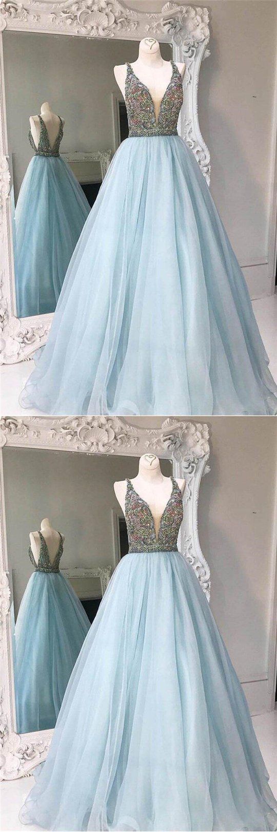 Simple Light Blue V-neck V-back Long A-line Tulle Prom Dresses With Rhinestones, Prom Dresses M7985