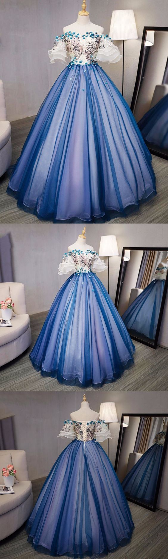 Ball Gown Prom Dresses Royal Blue And Ivory Hand-made Flower Prom Dress/evening M7988