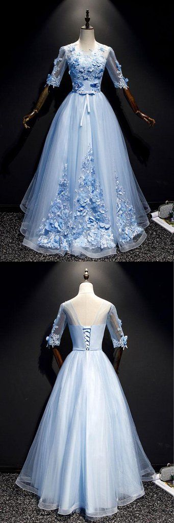 Blue Tulle Lace Applique Mid Sleeve Long A Line Sweet 16 Prom Dress, Evening Dress M8014