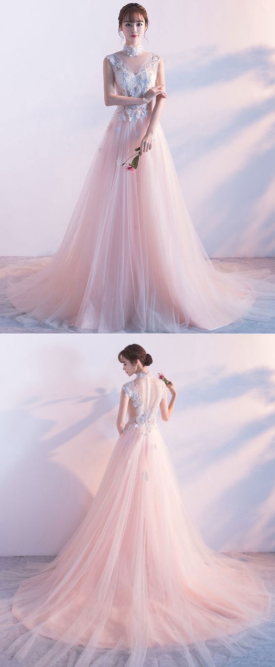 Pink High Neck Lace Long Prom Dress, Pink Evening Dress M8023