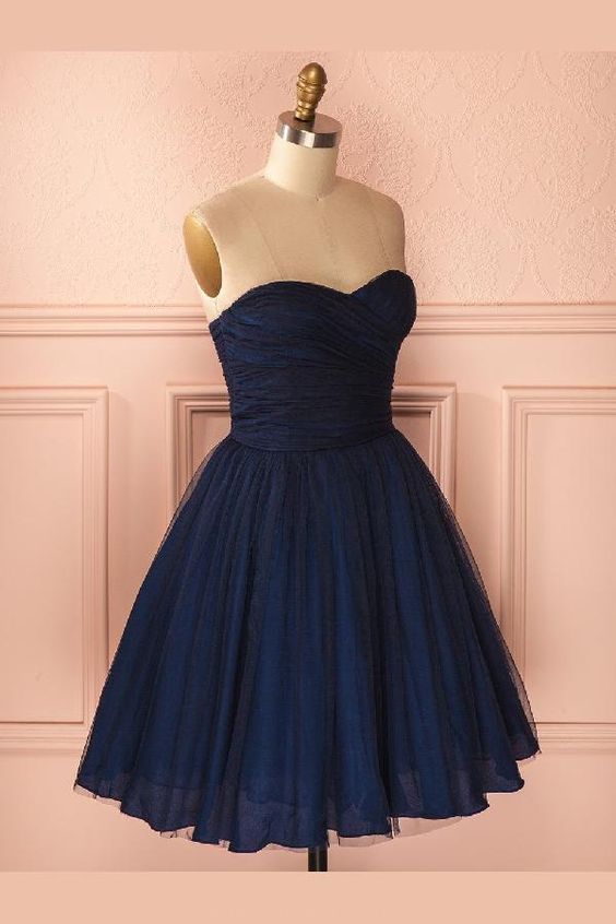 L Navy Blue Homecoming Dresses, Strapless Sweetheart Short Navy Blue Tulle Homecoming Dress M8115