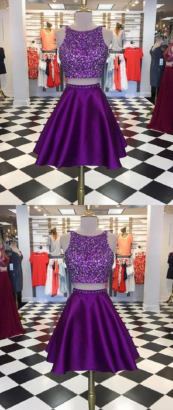 Short Prom Dresses Purple Two Pieces Sequin Short Prom Dress, Purple Homecoming Dress M8152